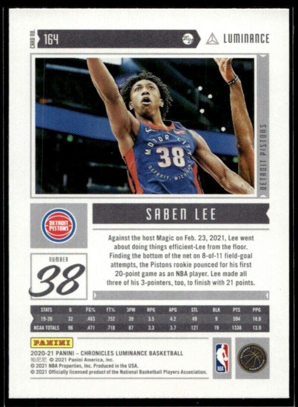 2020 Panini Chronicles Luminance Detroit Pistons #164 Saben Lee RC Rookie