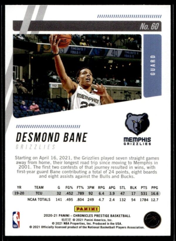 2020 Panini Chronicles Prestige Memphis Grizzlies #60 Desmond Bane RC Rookie