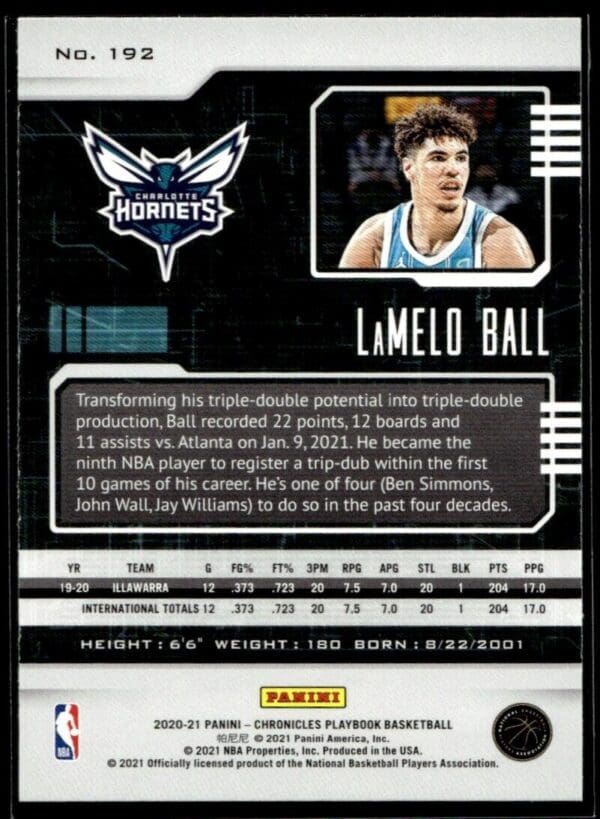 2020 Panini Chronicles Playbook Charlotte Hornets #192 LaMelo Ball RC Rookie