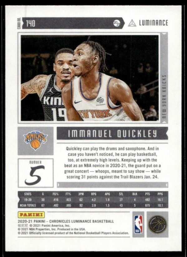 2020 Panini Luminance New York Knicks #140 Immanuel Quickley RC Rookie