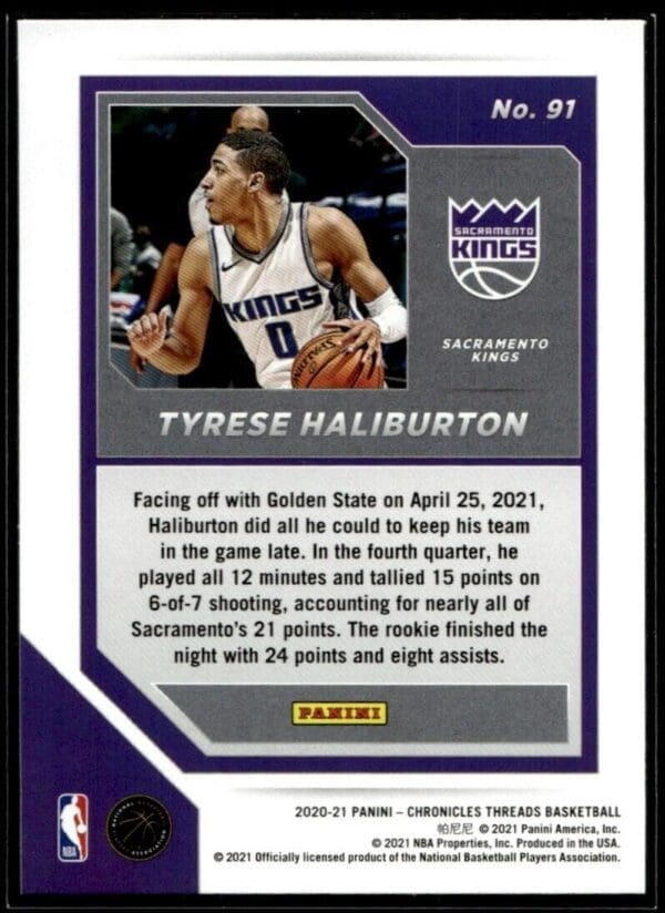 2020 Panini Chronicles Threads Sacramento Kings #91 Tyrese Haliburton RC Rookie