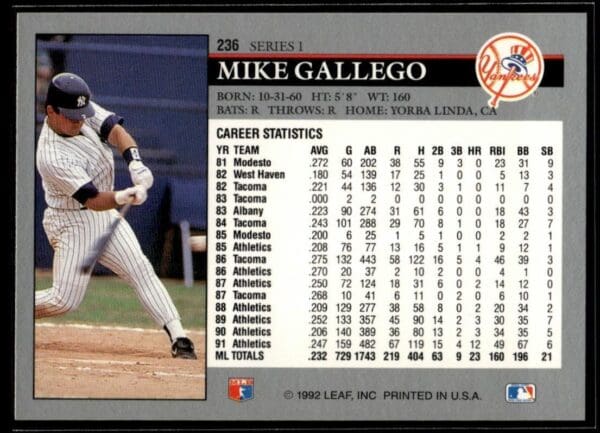 1992 Leaf New York Yankees #236 Mike Gallego