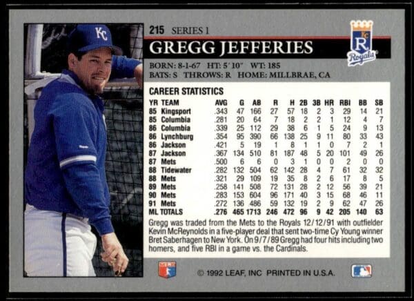 1992 Leaf Kansas City Royals #215 Gregg Jefferies