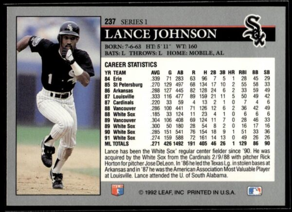 1992 Leaf Chicago White Sox #237 Lance Johnson