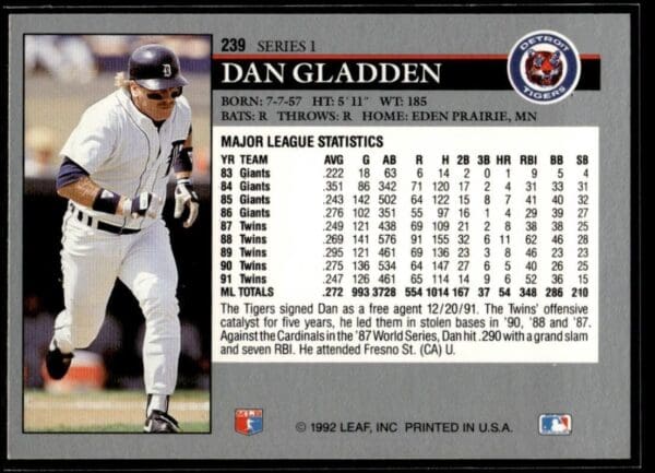 1992 Leaf Detroit Tigers #239 Dan Gladden
