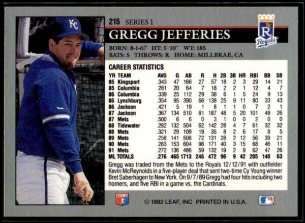 1992 Leaf Kansas City Royals #215 Gregg Jefferies