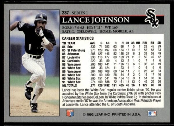 1992 Leaf Chicago White Sox #237 Lance Johnson