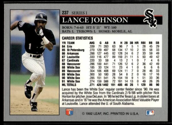 1992 Leaf Chicago White Sox #237 Lance Johnson