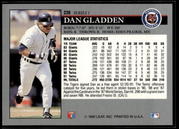 1992 Leaf Detroit Tigers #239 Dan Gladden