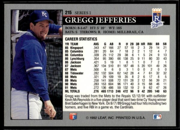 1992 Leaf Kansas City Royals #215 Gregg Jefferies