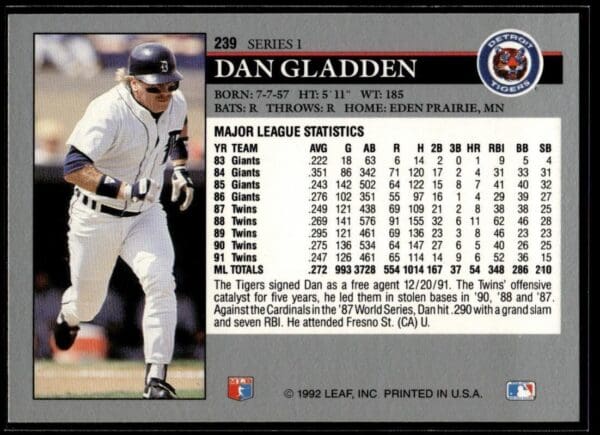 1992 Leaf Detroit Tigers #239 Dan Gladden