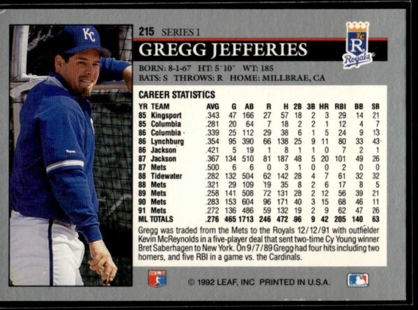 1992 Leaf Kansas City Royals #215 Gregg Jefferies