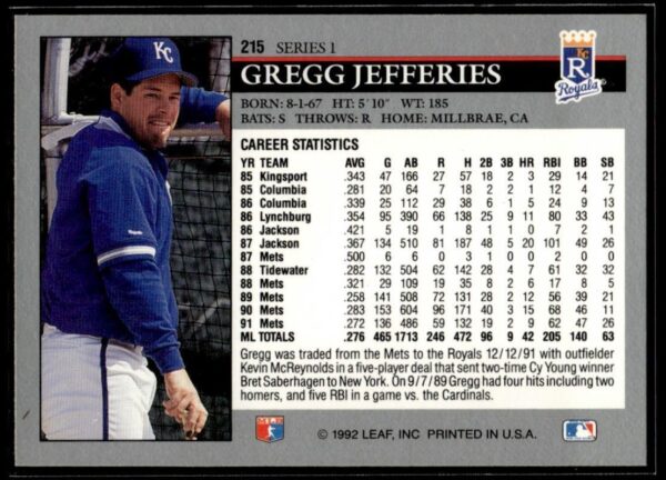 1992 Leaf Kansas City Royals #215 Gregg Jefferies