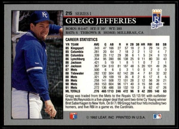 1992 Leaf Kansas City Royals #215 Gregg Jefferies