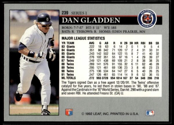 1992 Leaf Detroit Tigers #239 Dan Gladden