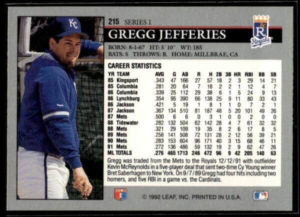 1992 Leaf Kansas City Royals #215 Gregg Jefferies
