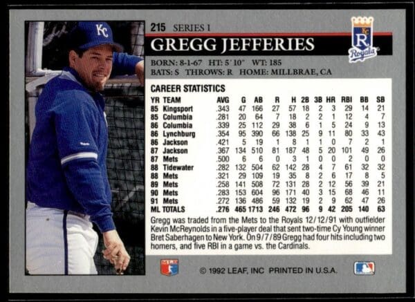 1992 Leaf Kansas City Royals #215 Gregg Jefferies