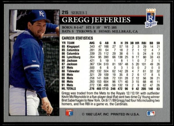 1992 Leaf Kansas City Royals #215 Gregg Jefferies