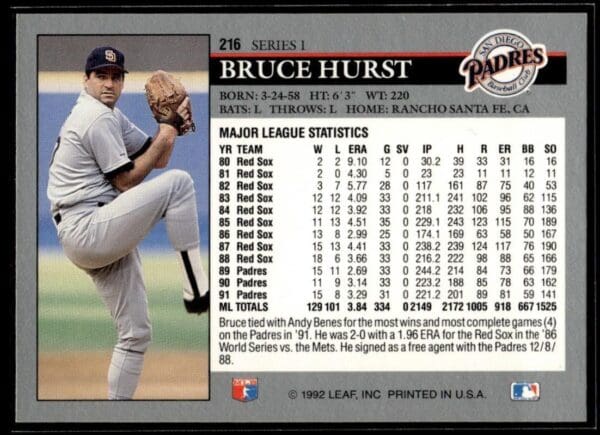 1992 Leaf San Diego Padres #216 Bruce Hurst