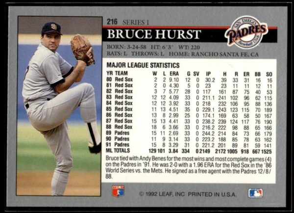1992 Leaf San Diego Padres #216 Bruce Hurst
