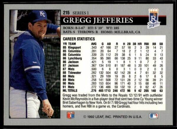 1992 Leaf Kansas City Royals #215 Gregg Jefferies