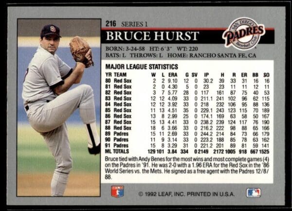 1992 Leaf San Diego Padres #216 Bruce Hurst