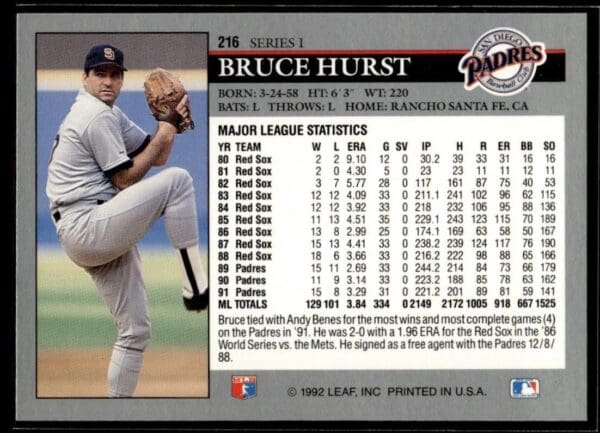 1992 Leaf San Diego Padres #216 Bruce Hurst