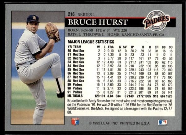 1992 Leaf San Diego Padres #216 Bruce Hurst