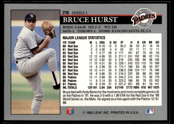 _10 1992 Leaf San Diego Padres #216 Bruce Hurst