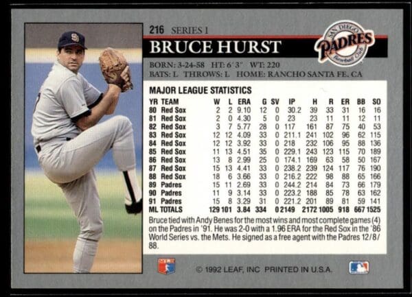 1992 Leaf San Diego Padres #216 Bruce Hurst