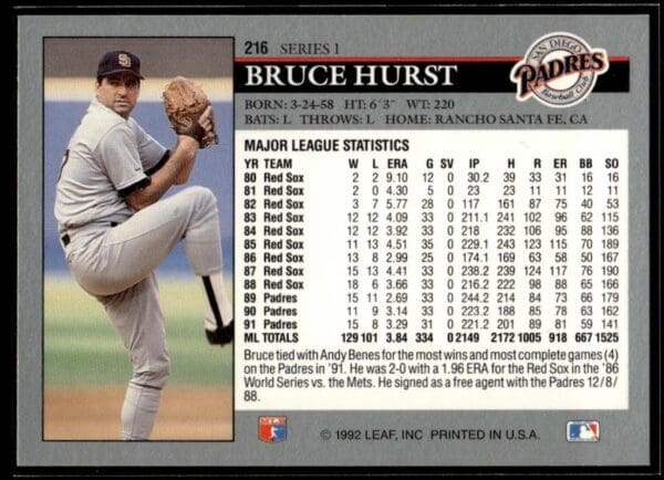 _10 1992 Leaf San Diego Padres #216 Bruce Hurst