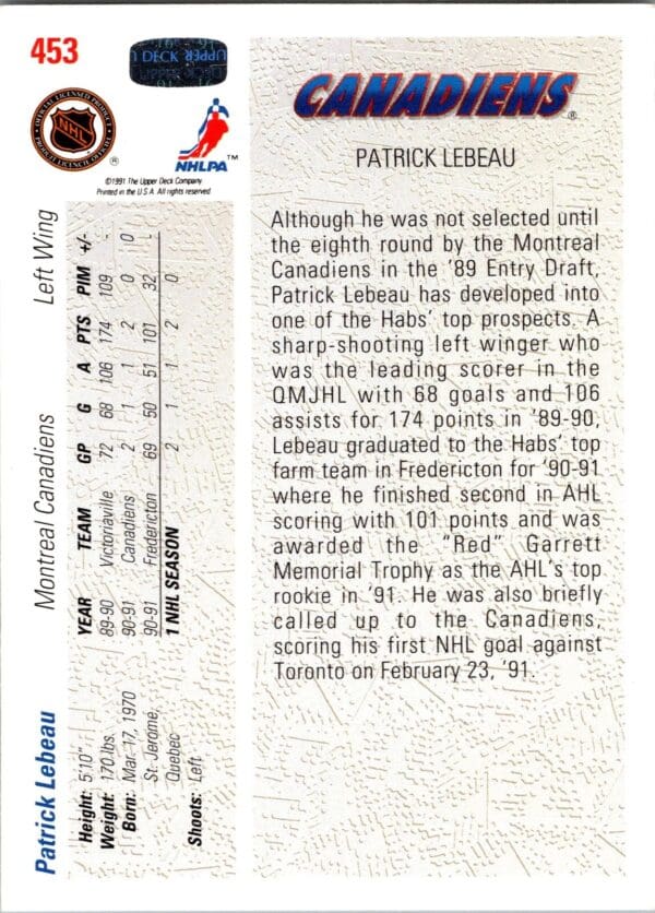 1991 Upper Deck Montreal Canadiens #453 Patrick Lebeau
