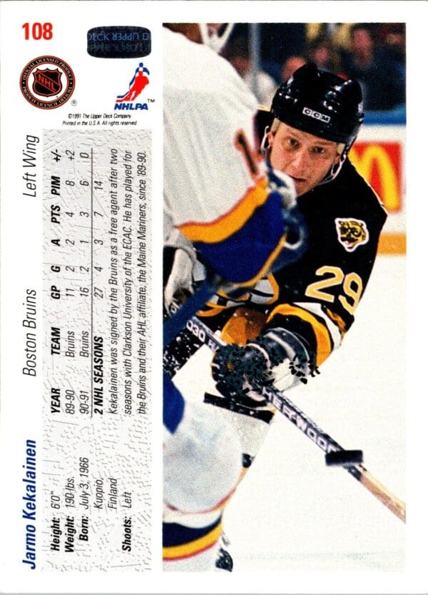 1991 Upper Deck Boston Bruins #108 Jarmo Kekalainen