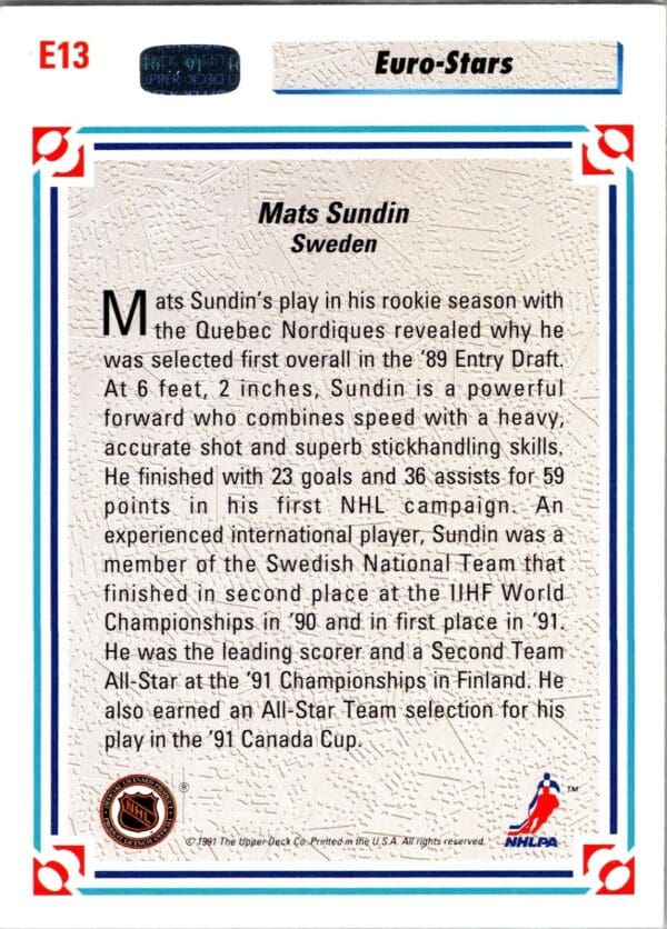 1991 Upper Deck Quebec Nordiques #E13 Mats Sundin