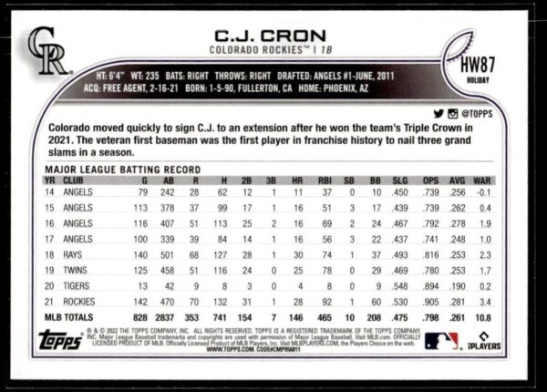 2022 Topps Holiday Colorado Rockies #HW87 C.J. Cron
