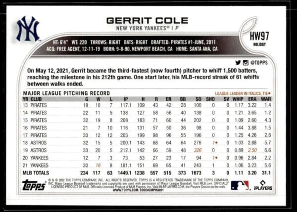 _10 2022 Topps Holiday New York Yankees #HW97 Gerrit Cole