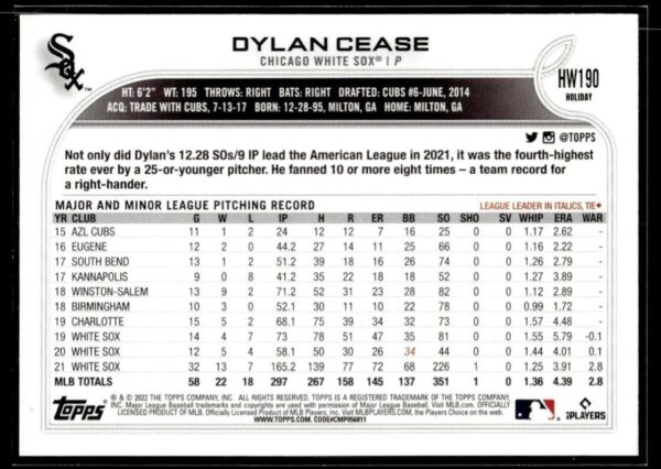 2022 Topps Holiday Chicago White Sox #HW190 Dylan Cease