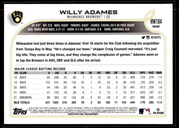 2022 Topps Holiday Milwaukee Brewers #HW184 Willy Adames
