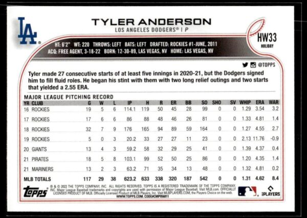 2022 Topps Holiday Los Angeles Dodgers #HW33 Tyler Anderson