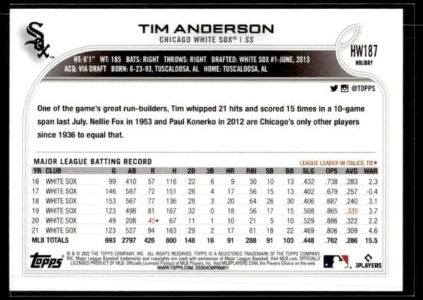 2022 Topps Holiday Chicago White Sox #HW187 Tim Anderson