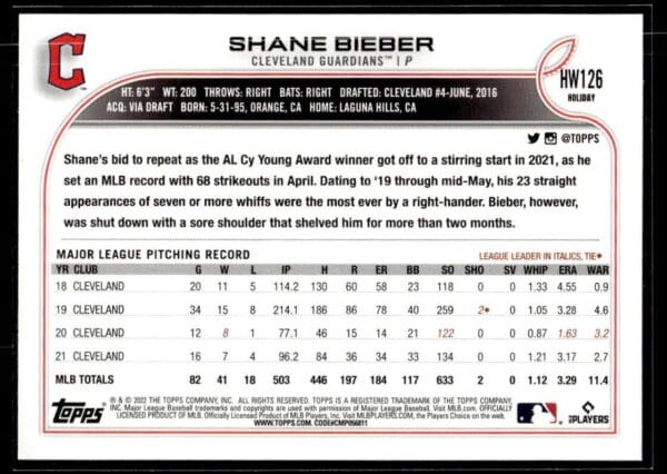 2022 Topps Holiday Cleveland Guardians #HW126 Shane Bieber