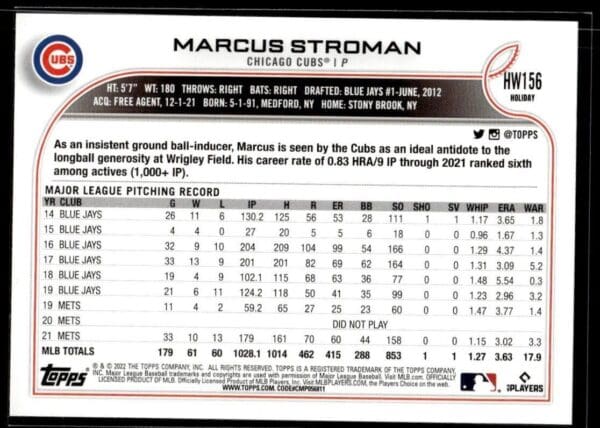 2022 Topps Holiday Chicago Cubs #HW156 Marcus Stroman