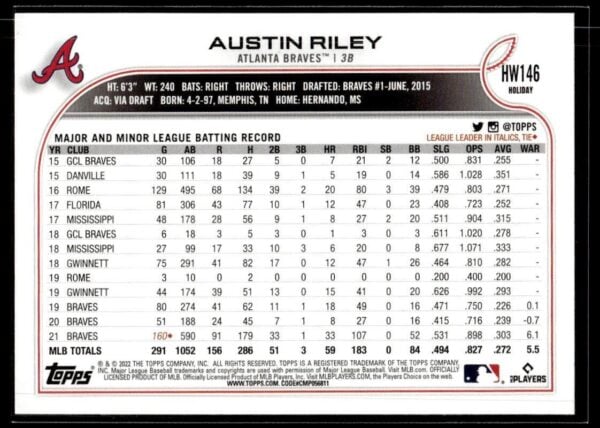 2022 Topps Holiday Atlanta Braves #HW146 Austin Riley