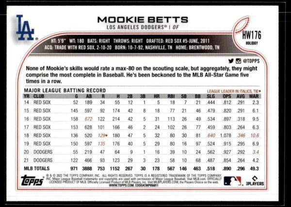 2022 Topps Holiday Los Angeles Dodgers #HW176 Mookie Betts