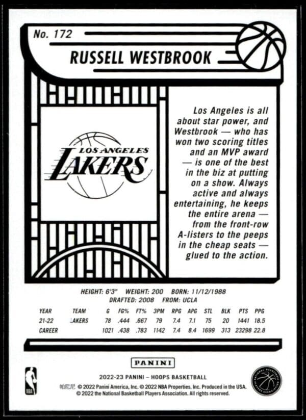 2022 Hoops Los Angeles Lakers #172 Russell Westbrook