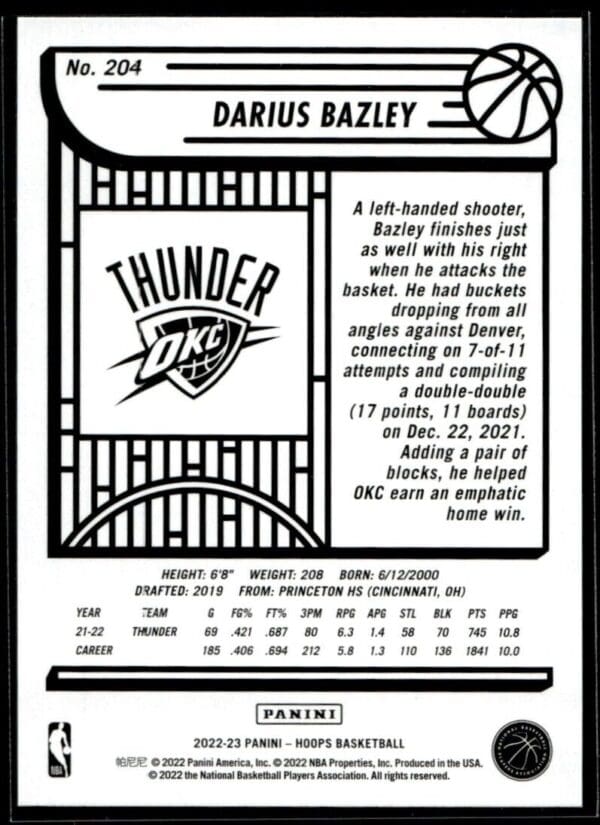 2022 Hoops Oklahoma City Thunder #204 Darius Bazley