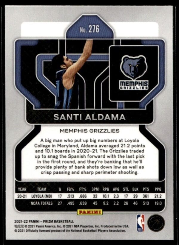 2021 Panini Prizm Memphis Grizzlies #276 Santi Aldama RC Rookie