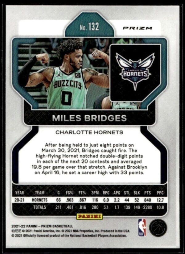 2021 Panini Prizm Charlotte Hornets #132 Miles Bridges Holo