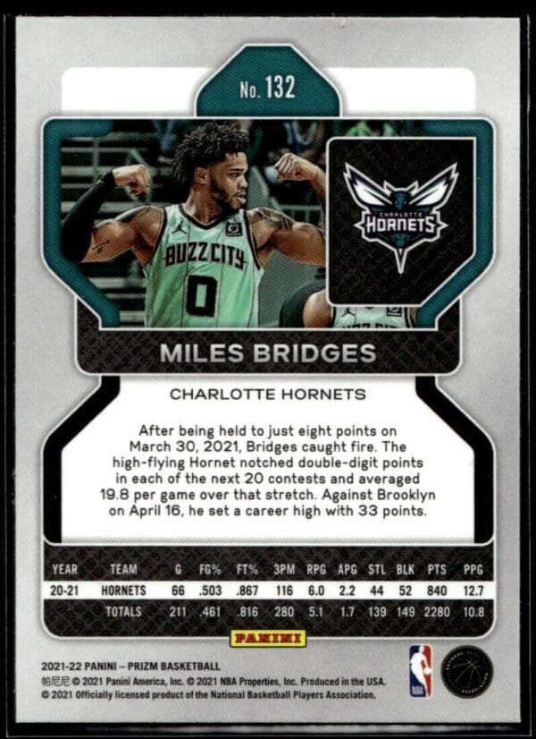 2021 Panini Prizm Charlotte Hornets #132 Miles Bridges