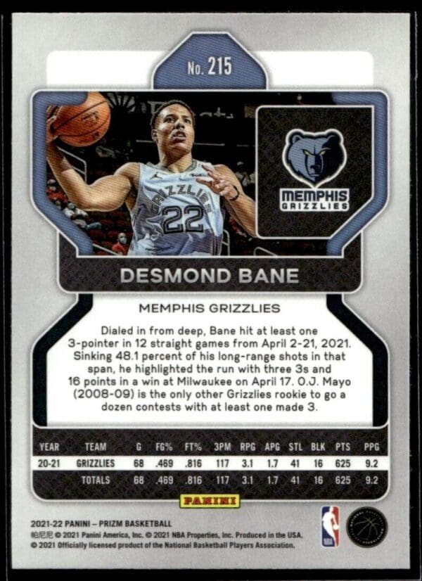 2021 Panini Prizm Memphis Grizzlies #215 Desmond Bane